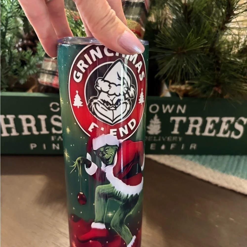 Grinch Christmas Tumbler Travel Cup with Lid & Reusable Straw